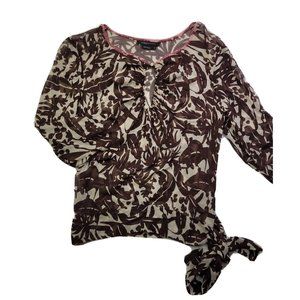BCBG Maxazria Women S Cream Brown Floral Sheer Key Hole Top 100% Silk Side Tie